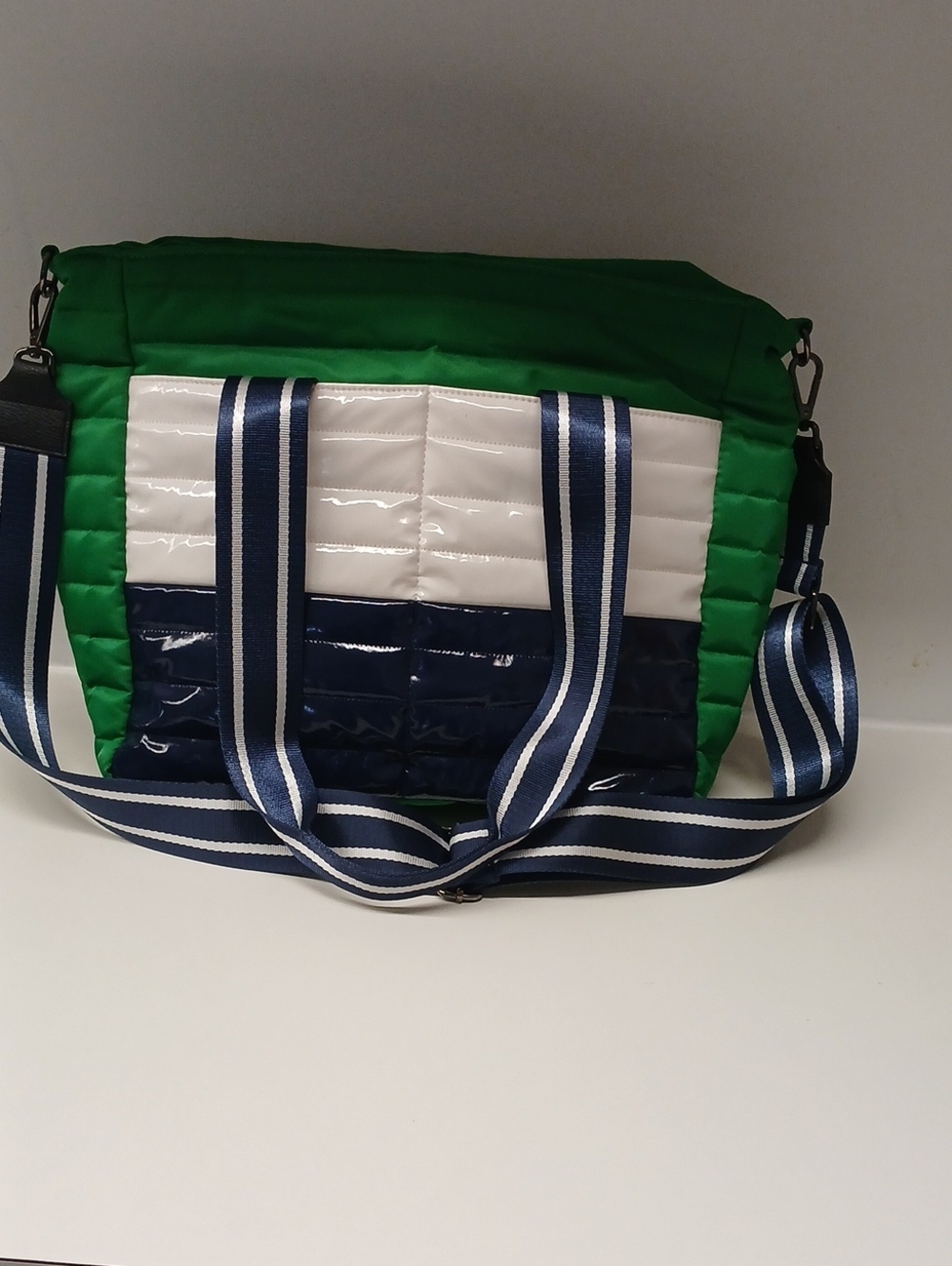 THINK ROYLN Green White and Navy Quilted Messenger Bag